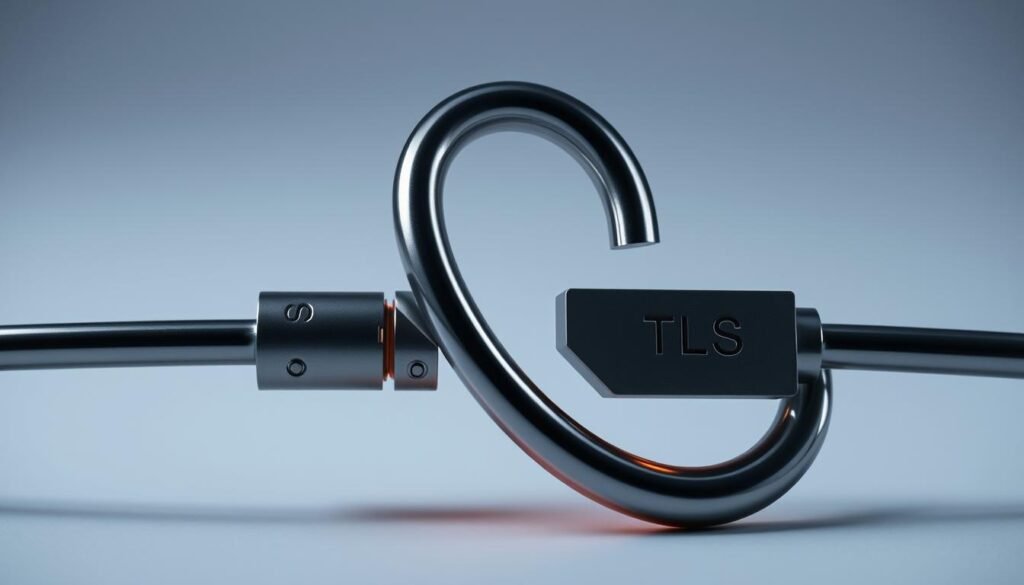 A close-up view of two SSL/TLS handshake symbols intertwined, creating a secure connection between a server and a client system. The symbols are rendered in a sleek, metallic style, with a subtle glow emitting from their edges, suggesting the flow of encrypted data. The background is a soft, muted gradient, allowing the focal point to stand out prominently. Lighting is directional, casting subtle shadows that accentuate the three-dimensional form of the symbols. The overall composition conveys a sense of strength, reliability, and the importance of implementing robust encryption protocols for mission-critical applications.