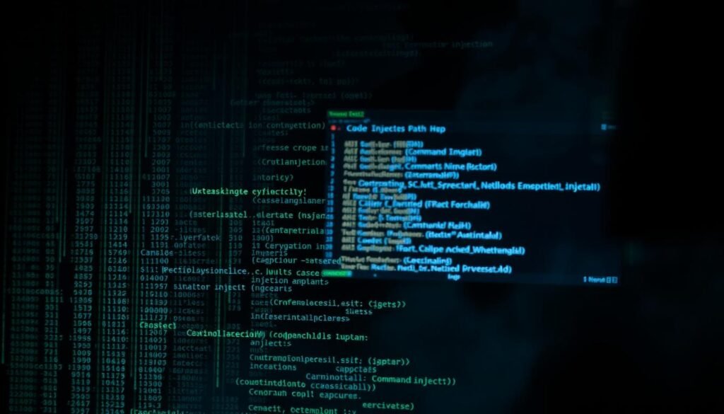 A close-up view of two distinct computer hacking techniques - code injection and command injection. In the foreground, a complex matrix of code lines and symbols represents code injection, where malicious code is inserted into an application to exploit vulnerabilities. In the middle ground, a sinister-looking terminal interface displays a series of executable commands, symbolizing command injection, where an attacker can gain unauthorized control of a system. The background is shrouded in an ominous, dark atmosphere, emphasizing the gravity and danger of these cyberattack methods. The scene is lit dramatically, with sharp contrasts and shadows, creating a sense of tension and unease. The overall composition conveys the technical complexities and potential consequences of these hacking strategies.