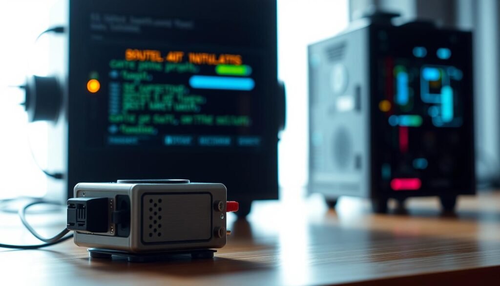 A close-up view of two distinct honeypot devices, showcasing the differences between low-interaction and high-interaction honeypots. In the foreground, a simple low-interaction honeypot, a basic network service emulator designed to lure and monitor basic probing attempts. In the middle ground, a complex high-interaction honeypot, a full-fledged virtual machine replicating a realistic network environment to engage and study sophisticated intruders. The scene is lit by a soft, neutral lighting that highlights the technical details of the devices, conveying a sense of cybersecurity research and analysis. The background is blurred, keeping the focus on the two honeypot types and their unique characteristics.
