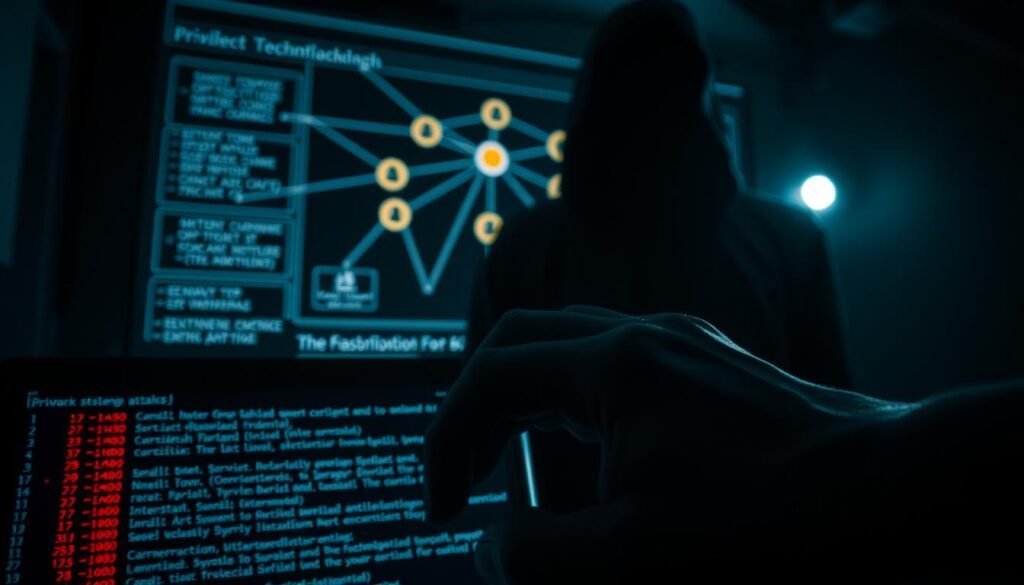 A close-up view of various Linux privilege escalation techniques, depicted through a dark, ominous lens. In the foreground, a menacing hand hovers over a command-line interface, ready to execute exploits. In the middle ground, a network topology diagram reveals potential entry points and vulnerable services. In the background, a shadowy figure lurks, symbolizing the unseen threat of privilege escalation attacks. The scene is illuminated by a dim, eerie glow, creating a tense and foreboding atmosphere. The image conveys the gravity and complexity of understanding and mitigating these security risks on Linux systems. A close-up view of various Linux privilege escalation techniques, depicted through a dark, ominous lens. In the foreground, a menacing hand hovers over a command-line interface, ready to execute exploits. In the middle ground, a network topology diagram reveals potential entry points and vulnerable services. In the background, a shadowy figure lurks, symbolizing the unseen threat of privilege escalation attacks. The scene is illuminated by a dim, eerie glow, creating a tense and foreboding atmosphere. The image conveys the gravity and complexity of understanding and mitigating these security risks on Linux systems.