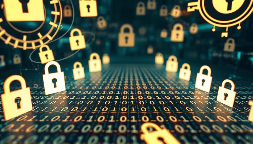 A close-up view of various encryption algorithms, depicted as stylized geometric shapes and symbols. The foreground showcases a collection of abstract lock icons, key shapes, and data streams swirling around in a mesmerizing pattern. The middle ground features a grid-like arrangement of binary codes, hexadecimal digits, and cryptographic hashes, all glowing with a soft, otherworldly light. In the background, a subtle backdrop of circuit board textures and digital gradients creates a sense of technological depth and complexity. The overall mood is one of mystery, security, and the elegant power of mathematical encryption.