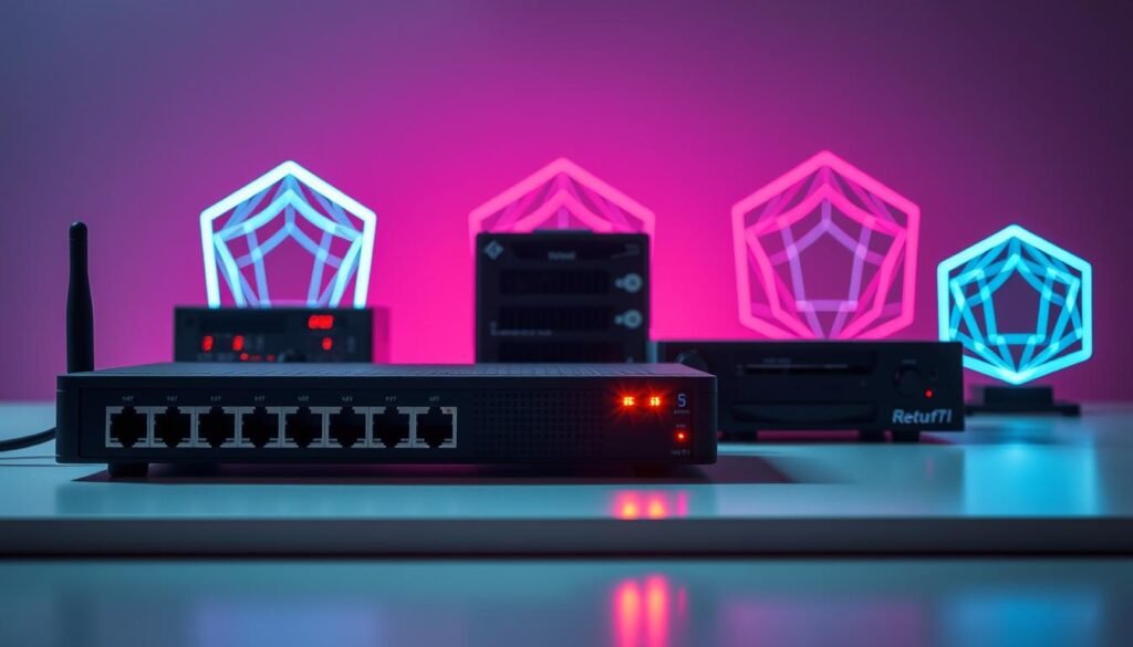 A close-up view of various firewall security devices arranged on a sleek, minimalist table. In the foreground, a stylized network router with multiple ethernet ports, its LED lights blinking softly. In the middle ground, a hardware firewall appliance with a sturdy, industrial design, its fans gently whirring. In the background, a series of virtual firewalls represented as abstract polygonal shapes, their edges glowing with a cool, neon-like luminescence. The scene is bathed in a soft, directional lighting that casts dramatic shadows, creating a sense of depth and technicality. The overall mood is one of modern, sophisticated data protection.
