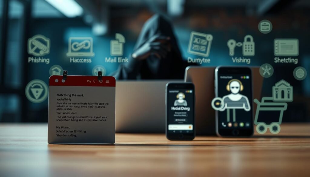 A close-up view of various social engineering attack methods, depicted in a clean, minimalist style. In the foreground, a stylized phishing email, a malicious link, and a social media impersonation stand out against a blurred background. In the middle ground, a hacker's laptop and a smartphone with a vishing call are highlighted, conveying the digital nature of these threats. The background features subtle icons representing other attack vectors like physical access, dumpster diving, and shoulder surfing, creating a comprehensive visual representation of the diverse social engineering landscape. The lighting is soft and diffused, creating a sense of seriousness and professionalism, while the overall composition is balanced and visually striking.