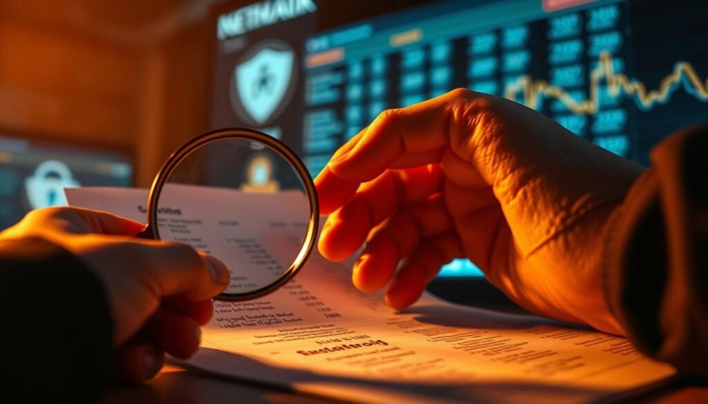 A closeup shot of a person's hand carefully examining their banking statement, with a magnifying glass revealing suspicious transactions. The foreground is illuminated by warm, focused lighting, drawing the viewer's attention to the critical details. The background is slightly blurred, but hints at a modern, secure banking interface, reinforcing the context. The scene conveys a sense of vigilance and attention to detail, reflecting the importance of recognizing and responding to potential fraud quickly.