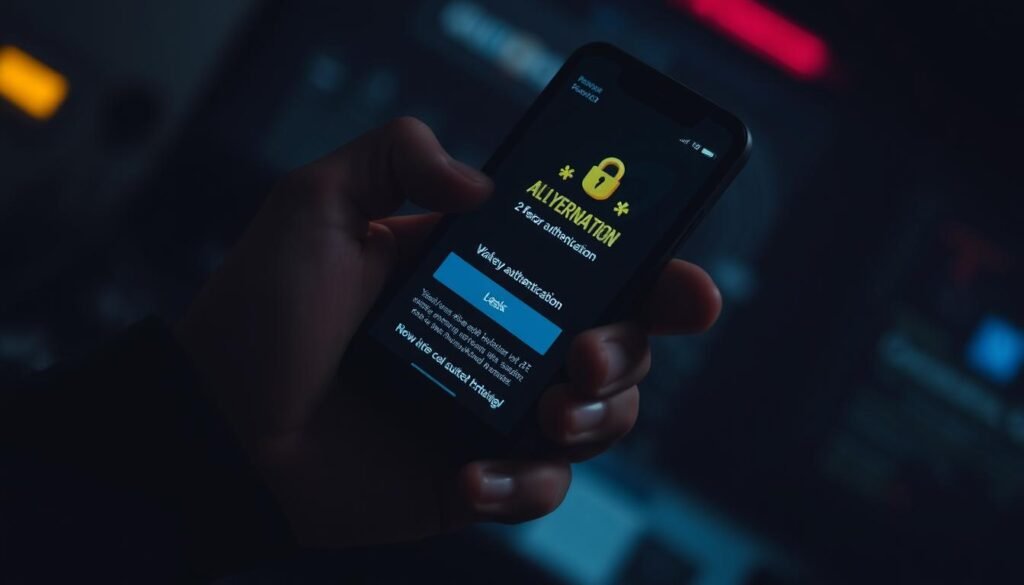 A closeup view of a person's hand firmly gripping a mobile device, with the screen displaying a 2-factor authentication (2FA) interface. The lighting is dramatic, casting sharp shadows that emphasize the determined grasp. The background is blurred, keeping the focus on the security-conscious action. The mood is one of heightened vigilance, suggesting the importance of properly securing 2FA against potential attacks. The camera angle is slightly angled upwards, conveying a sense of resolve and empowerment in the face of cyber threats.