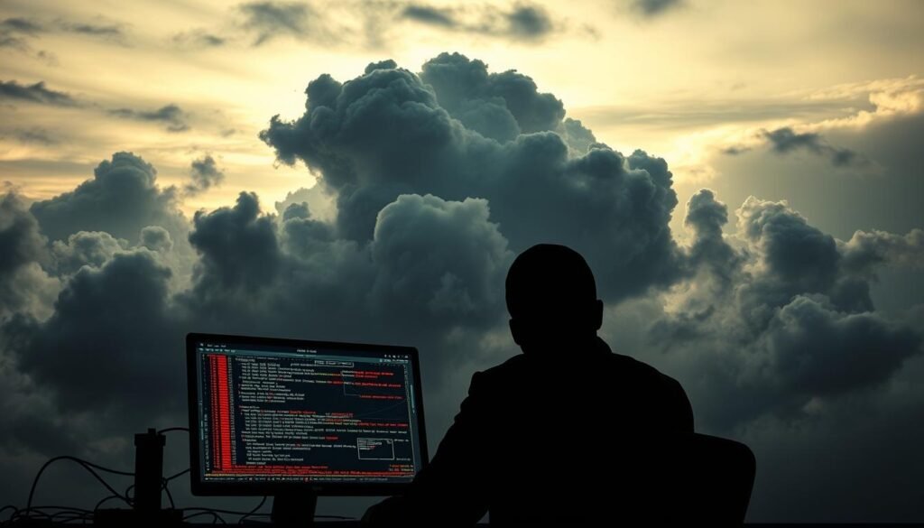 A cloud-filled sky, ominous and foreboding, serves as the backdrop for a complex scene depicting the intricate web of a sophisticated social engineering attack targeting a cloud environment. In the foreground, a hacker's computer screen displays intricate code and network diagrams, illustrating the methodical process of infiltrating cloud-based systems. In the middle ground, a shadowy figure representing the social engineer manipulates unsuspecting employees, exploiting their trust and luring them into divulging sensitive information. The lighting is dramatic, casting long shadows and highlighting the tension and danger of the situation. The overall atmosphere conveys a sense of urgency and the need for vigilance in detecting and preventing such advanced attacks in cloud-based infrastructure.