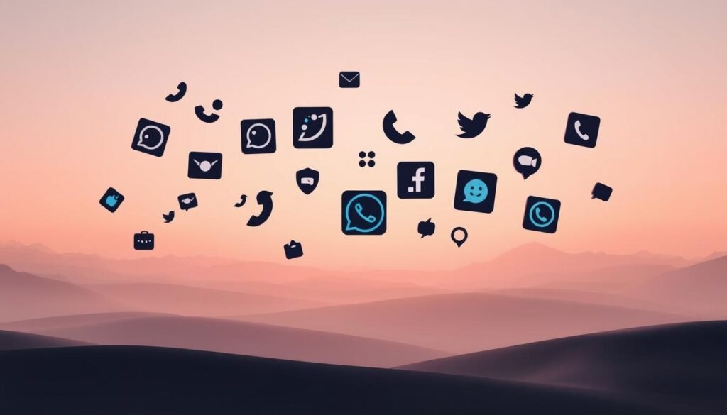 A cluster of popular messaging app icons floating in a crisp, minimalist environment with a soft, muted color palette. The foreground features the silhouettes of the apps in a variety of shapes and designs, with subtle shadows and highlights to add depth and dimension. The middle ground showcases the app logos in a sleek, monochromatic style, while the background is a serene, gradient-based landscape that creates a sense of harmony and balance. The overall composition conveys a sense of digital connectivity, security, and simplicity, suitable for illustrating the "best encrypted calling apps" in the article.
