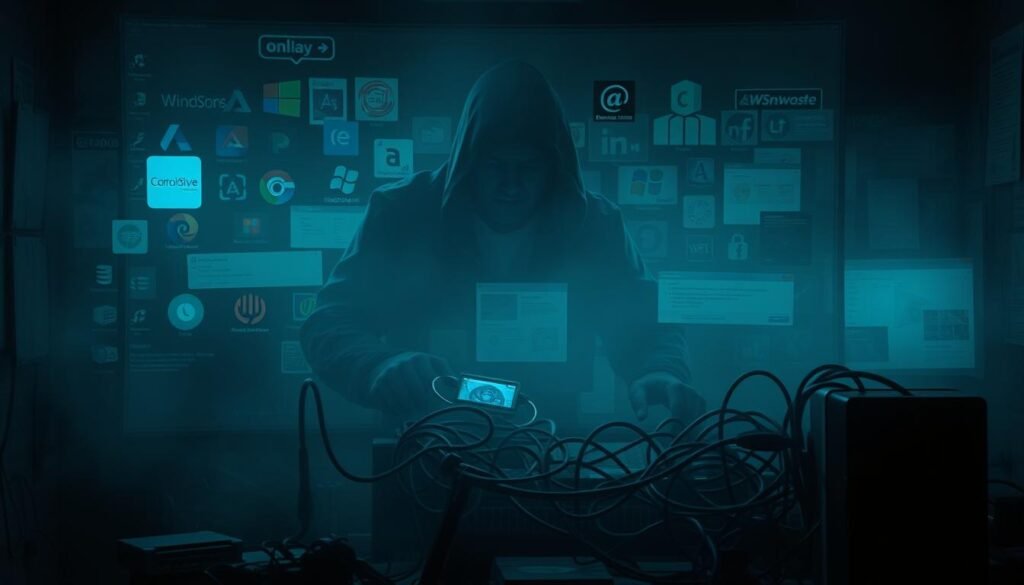A cluttered desktop overflowing with unwanted software icons, symbols, and pop-ups, casting an ominous shadow over the screen. Dimly lit, with a hazy, distorted atmosphere to convey the frustration and confusion of dealing with bloatware. The foreground features a cluster of overlapping, indistinct program logos and windows, while the middle ground shows a tangled web of cables and connectors, symbolizing the complexity of the problem. In the background, a dark, foreboding silhouette of the operating system, hinting at the potential dangers of carelessly removing bloatware.
