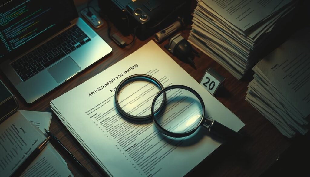A cluttered workspace with a laptop, stacks of papers, and a magnifying glass hovering over an open API documentation webpage. The lighting is soft and diffused, casting gentle shadows across the scene. The camera angle is slightly elevated, providing an overhead perspective that emphasizes the analytical and investigative nature of the task. The mood is one of focused concentration, as the developer meticulously examines the API documentation, searching for potential security vulnerabilities.
