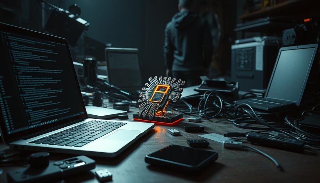 A cluttered workspace with various cybersecurity tools and devices scattered across the surface. In the foreground, a laptop displays lines of code, while a smartphone, USB drives, and network cables suggest an ongoing investigation. The middle ground features a stylized 3D model of a glowing circuit board, representing the technological threat. In the background, a shadowy figure emerges, hinting at the human element behind the cyberattack. Dramatic chiaroscuro lighting and a moody, tense atmosphere convey the gravity of the situation. A cluttered workspace with various cybersecurity tools and devices scattered across the surface. In the foreground, a laptop displays lines of code, while a smartphone, USB drives, and network cables suggest an ongoing investigation. The middle ground features a stylized 3D model of a glowing circuit board, representing the technological threat. In the background, a shadowy figure emerges, hinting at the human element behind the cyberattack. Dramatic chiaroscuro lighting and a moody, tense atmosphere convey the gravity of the situation.