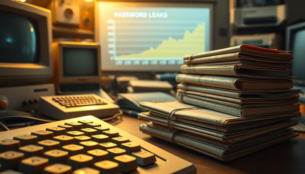 A collage of antique computer terminals and floppy disks, casting a warm, nostalgic glow. In the foreground, a vintage keyboard with worn-down keys, hinting at the digital history encoded within. The middle ground features a stack of yellowed password books, their pages dog-eared and weathered. In the background, a projected graph shows the exponential growth of password leaks over time, a visual representation of the ever-evolving cybersecurity landscape. The overall composition evokes a sense of the past informing the present, a cautionary tale of the importance of password hygiene.