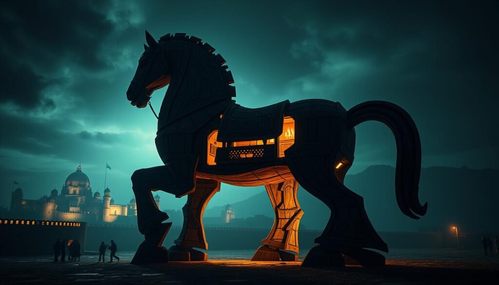 A colossal, ornately-carved wooden horse standing proud, its hollow interior concealing a deadly surprise. Dramatic lighting casts deep shadows, creating an ominous, foreboding atmosphere. The ancient Greek design features intricate details and weathered textures, hinting at its storied past. In the distance, the silhouettes of a walled city loom, unaware of the deception about to unfold. This is the legendary Trojan Horse, a symbol of cunning infiltration and the perils of blindly accepting gifts, frozen in time as a cautionary tale. A colossal, ornately-carved wooden horse standing proud, its hollow interior concealing a deadly surprise. Dramatic lighting casts deep shadows, creating an ominous, foreboding atmosphere. The ancient Greek design features intricate details and weathered textures, hinting at its storied past. In the distance, the silhouettes of a walled city loom, unaware of the deception about to unfold. This is the legendary Trojan Horse, a symbol of cunning infiltration and the perils of blindly accepting gifts, frozen in time as a cautionary tale.
