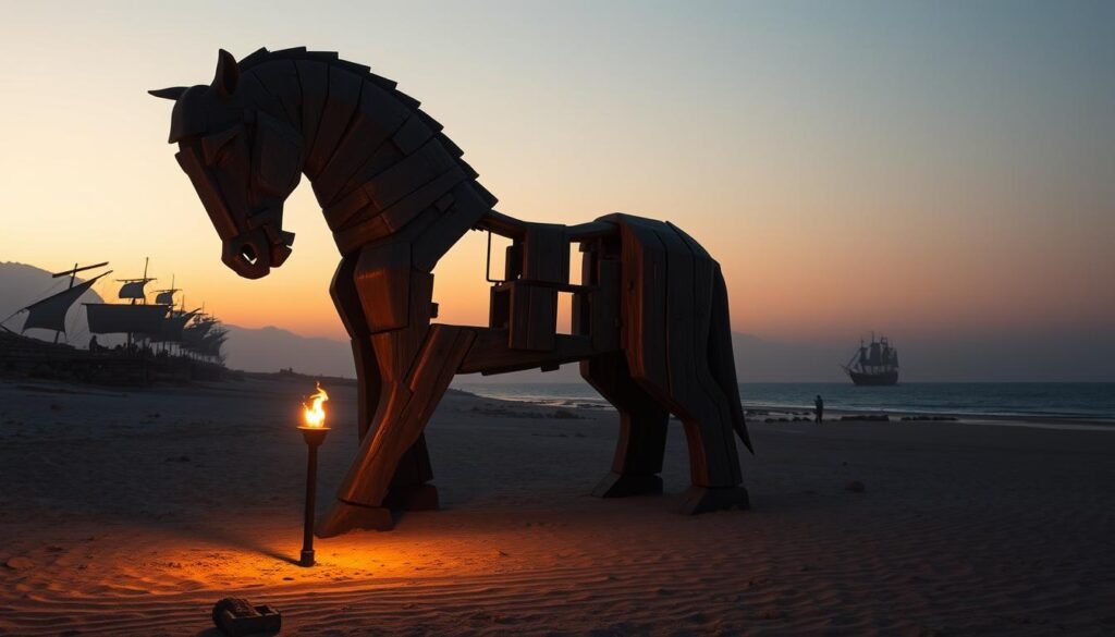 A colossal wooden horse, its hollow frame concealing a menacing interior, stands ominously on a sandy beach at dusk. The chiseled, weathered surface of the horse reflects the fading sunlight, casting an eerie glow. In the distance, the silhouettes of ancient Greek warships can be seen on the horizon, hinting at the deception that lies within. The atmosphere is tense, with a sense of foreboding and the weight of history hanging in the air. A single torch flickers, casting flickering shadows that dance across the horse's surface, as if the beast itself is stirring to life. This is the Trojan Horse, a symbol of cunning and the downfall of a once-mighty civilization.