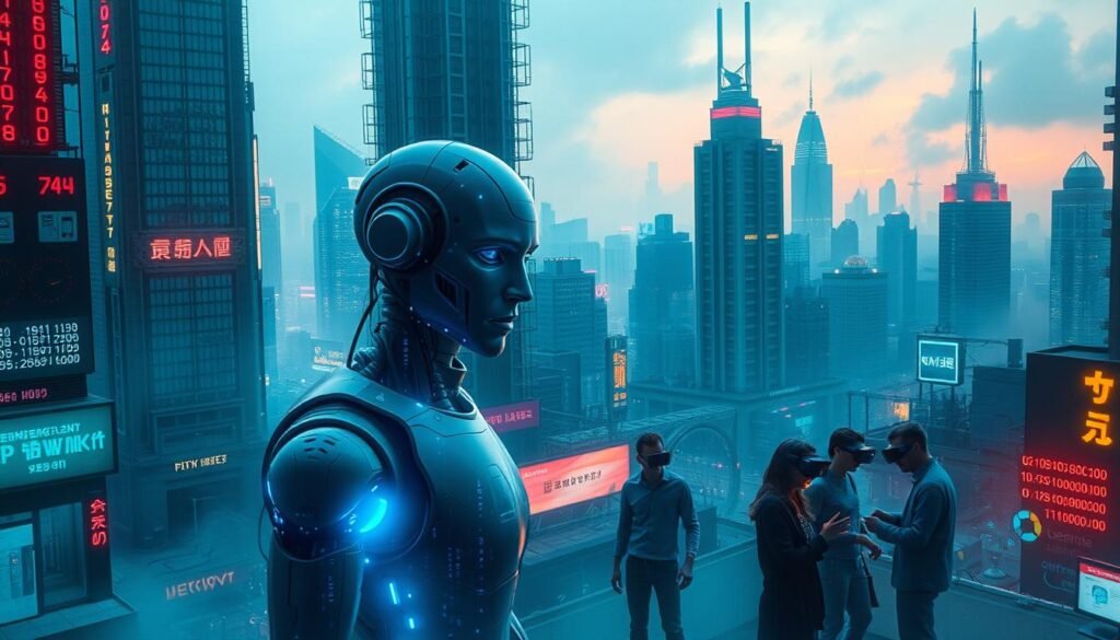 A complex cyberpunk landscape with towering skyscrapers, glowing neon signs, and a hazy atmosphere. In the foreground, an ominous humanoid AI figure, its robotic form bathed in an eerie bluish glow, stands amid a swirling mass of data streams and binary code. In the middle ground, a group of cybersecurity experts, their faces partially obscured by augmented reality displays, work diligently to defend against a barrage of digital attacks. In the background, the city's skyline is shrouded in a veil of technological uncertainty, hinting at the duality of AI's role in both empowering and threatening the future of cybersecurity. A complex cyberpunk landscape with towering skyscrapers, glowing neon signs, and a hazy atmosphere. In the foreground, an ominous humanoid AI figure, its robotic form bathed in an eerie bluish glow, stands amid a swirling mass of data streams and binary code. In the middle ground, a group of cybersecurity experts, their faces partially obscured by augmented reality displays, work diligently to defend against a barrage of digital attacks. In the background, the city's skyline is shrouded in a veil of technological uncertainty, hinting at the duality of AI's role in both empowering and threatening the future of cybersecurity.
