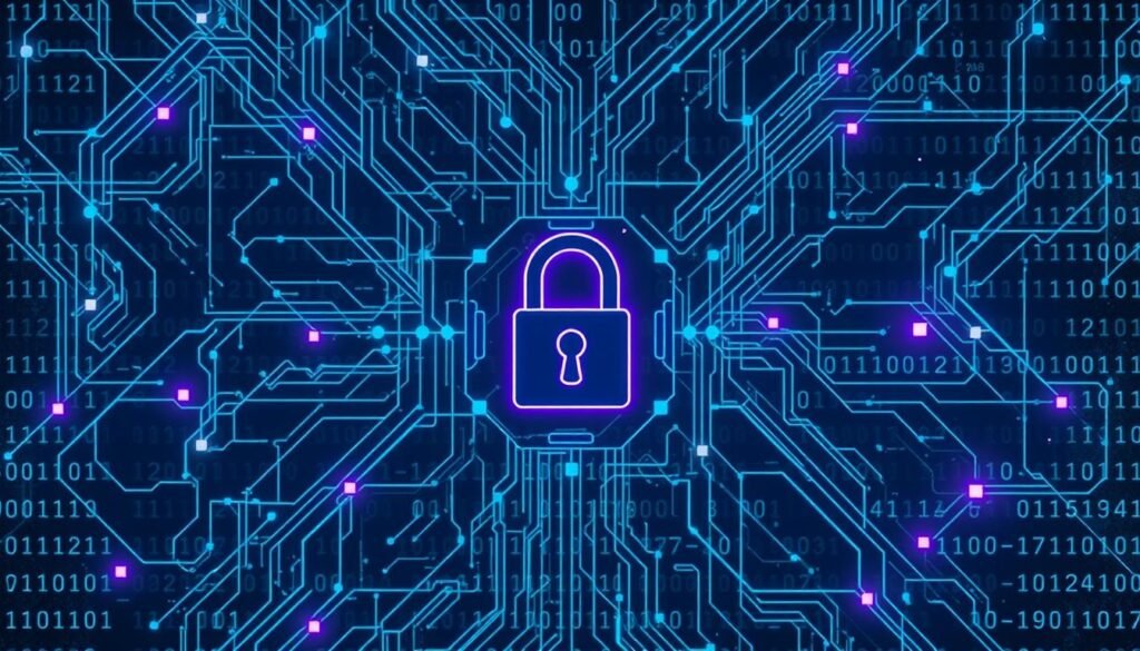 A complex geometric pattern of interlocking shapes and lines, representing the intricate web of encryption protocols. Shades of blue and purple hues create a sense of digital security, with subtle highlights and shadows adding depth and dimensionality. The composition features a central, abstract lock icon, surrounded by a matrix of encrypted data fragments, conveying the idea of safeguarding information. Subtle lighting from multiple angles creates a sense of depth and emphasizes the technical, cutting-edge nature of the encryption process. The overall atmosphere is one of sophistication, technology, and unwavering protection.