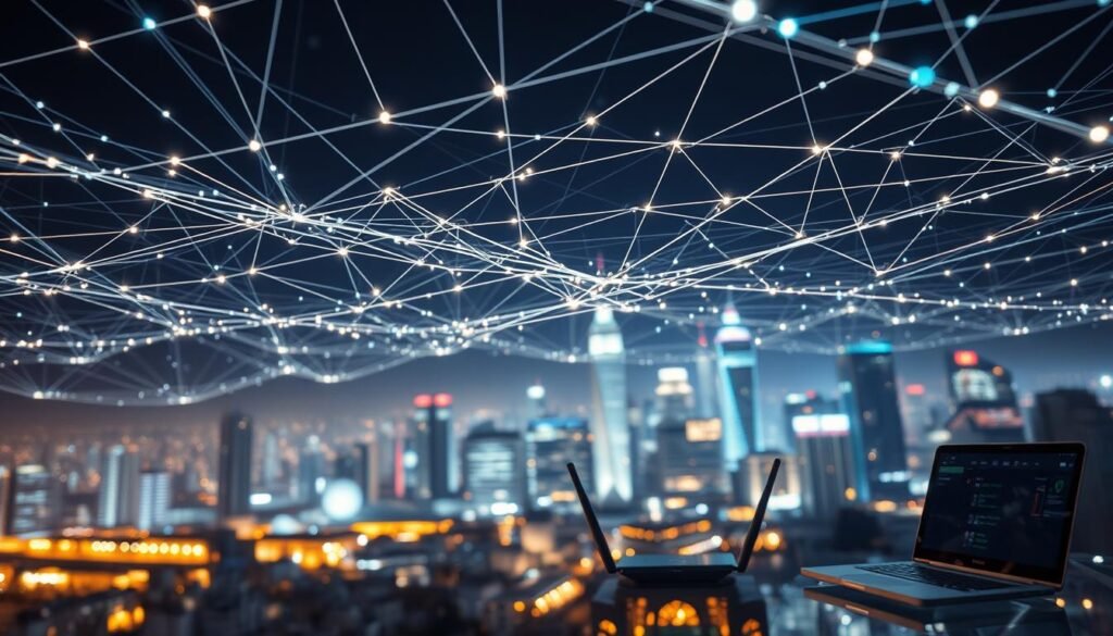A complex mesh of wireless signals, glowing lines of data streaming through the air. In the foreground, various mobile devices - smartphones, tablets, laptops - connected seamlessly, their screens reflecting the pulsing network. The middle ground reveals the infrastructure - sleek, modern routers and access points, their LED lights blinking in a rhythmic dance. The background fades into a softly blurred cityscape, skyscrapers and buildings bathed in a warm, inviting glow, symbolizing the ubiquity of wireless connectivity. The scene is captured with a wide-angle lens, emphasizing the interconnectedness and scale of the wireless networks that power our digital lives. Crisp, high-contrast lighting accentuates the technical details, creating an atmosphere of efficiency and sophistication.