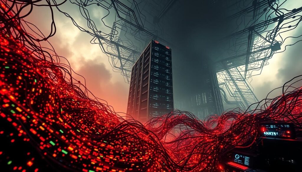 A complex network of connected nodes, pulsing with ominous energy, representing the cascading layers of a distributed denial-of-service attack. The foreground features a swirling maelstrom of data packets, colorful yet menacing, as they overwhelm the system's defenses. In the middle ground, a towering, abstract data center struggles to withstand the relentless onslaught, its infrastructure straining under the sheer volume of traffic. The background depicts a shadowy, labyrinthine web of interconnected devices, the source of the coordinated assault, casting an ominous presence. Dramatic lighting accentuates the sense of chaos and impending doom, captured through a wide-angle lens to convey the scale and complexity of the attack. A complex network of connected nodes, pulsing with ominous energy, representing the cascading layers of a distributed denial-of-service attack. The foreground features a swirling maelstrom of data packets, colorful yet menacing, as they overwhelm the system's defenses. In the middle ground, a towering, abstract data center struggles to withstand the relentless onslaught, its infrastructure straining under the sheer volume of traffic. The background depicts a shadowy, labyrinthine web of interconnected devices, the source of the coordinated assault, casting an ominous presence. Dramatic lighting accentuates the sense of chaos and impending doom, captured through a wide-angle lens to convey the scale and complexity of the attack.