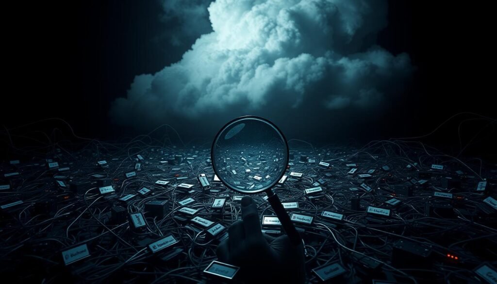 A complex network of interconnected servers and domain names, DNS (Domain Name System) misconfigurations are like a maze of tangled wires, obscuring the path to secure data access. In the foreground, a jumble of server icons and domain names clash, symbolizing the chaos of improperly configured DNS records. The middle ground features a magnifying glass hovering over the network, illuminating the vulnerabilities and potential leaks. In the background, a dark, ominous cloud looms, casting an unsettling atmosphere and hinting at the risks of unaddressed DNS issues. Dramatic lighting casts long shadows, emphasizing the gravity of the situation. A moody, cinematic perspective captures the essence of this cybersecurity challenge, urging the viewer to explore and address these potential threats. A complex network of interconnected servers and domain names, DNS (Domain Name System) misconfigurations are like a maze of tangled wires, obscuring the path to secure data access. In the foreground, a jumble of server icons and domain names clash, symbolizing the chaos of improperly configured DNS records. The middle ground features a magnifying glass hovering over the network, illuminating the vulnerabilities and potential leaks. In the background, a dark, ominous cloud looms, casting an unsettling atmosphere and hinting at the risks of unaddressed DNS issues. Dramatic lighting casts long shadows, emphasizing the gravity of the situation. A moody, cinematic perspective captures the essence of this cybersecurity challenge, urging the viewer to explore and address these potential threats.