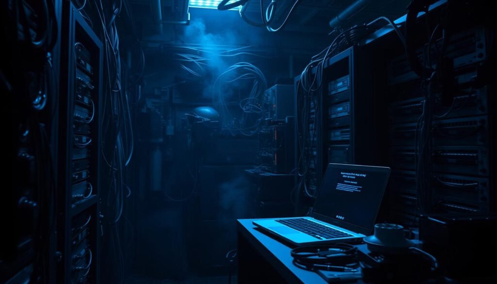 A complex network of wires, servers, and switches sits in a dimly lit server room. Shadows cast by the hardware create an ominous atmosphere, suggesting a hidden security flaw. The room is bathed in an eerie, blue-tinted glow, emphasizing the delicate balance of the system. Dust motes swirl in the air, hinting at neglected maintenance. A lone laptop sits open on a cluttered desk, its screen displaying a cryptic error message. The overall scene conveys a sense of vulnerability and the potential for catastrophic failure due to a subtle, yet critical, misconfiguration.