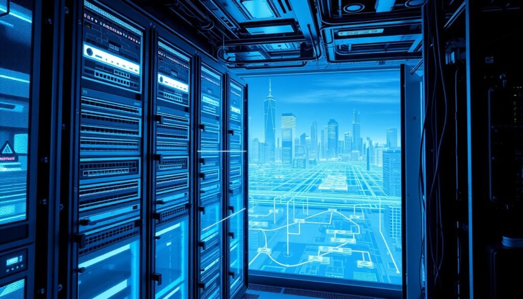 A complex system of interlocking security mechanisms, showcasing the essence of system hardening. In the foreground, a server rack bathed in a cool, blue-tinted light, its panels adorned with various ports, switches, and monitoring sensors. The middle ground features a network diagram, lines and nodes artfully arranged to depict the secure, layered architecture. In the background, a cityscape of skyscrapers and data centers, representing the broader infrastructure that requires robust protection. The overall composition conveys a sense of technical precision, with a focus on the layers of defense that safeguard critical systems and data. A complex system of interlocking security mechanisms, showcasing the essence of system hardening. In the foreground, a server rack bathed in a cool, blue-tinted light, its panels adorned with various ports, switches, and monitoring sensors. The middle ground features a network diagram, lines and nodes artfully arranged to depict the secure, layered architecture. In the background, a cityscape of skyscrapers and data centers, representing the broader infrastructure that requires robust protection. The overall composition conveys a sense of technical precision, with a focus on the layers of defense that safeguard critical systems and data.