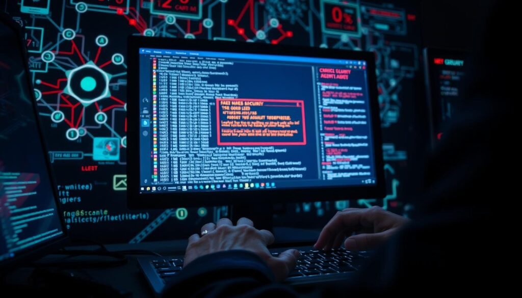 A computer screen displaying a critical security alert, the background a flurry of binary code and network diagrams. In the foreground, a security analyst's hands race across the keyboard, expertly navigating through windows and terminal interfaces. Dramatic lighting casts sharp shadows, conveying a sense of urgency and high-stakes. The scene is tense, with a palpable feeling of a race against time to identify the vulnerability, develop a fix, and deploy the patch before the exploit is unleashed onto the world. A computer screen displaying a critical security alert, the background a flurry of binary code and network diagrams. In the foreground, a security analyst's hands race across the keyboard, expertly navigating through windows and terminal interfaces. Dramatic lighting casts sharp shadows, conveying a sense of urgency and high-stakes. The scene is tense, with a palpable feeling of a race against time to identify the vulnerability, develop a fix, and deploy the patch before the exploit is unleashed onto the world.