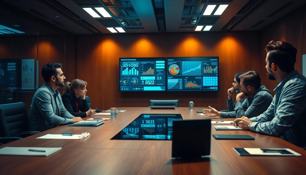 A conference room with a large table, where a team of professionals are gathered, presenting their findings on a digital display. The lighting is warm and focused, creating a sense of collaboration and engagement. In the foreground, a presenter stands, gesturing animatedly as they explain complex data visualizations. Around the table, colleagues lean in, attentively taking notes and offering thoughtful feedback. The background is blurred, drawing the viewer's attention to the central focus of the scene - the effective communication of important information to key stakeholders.