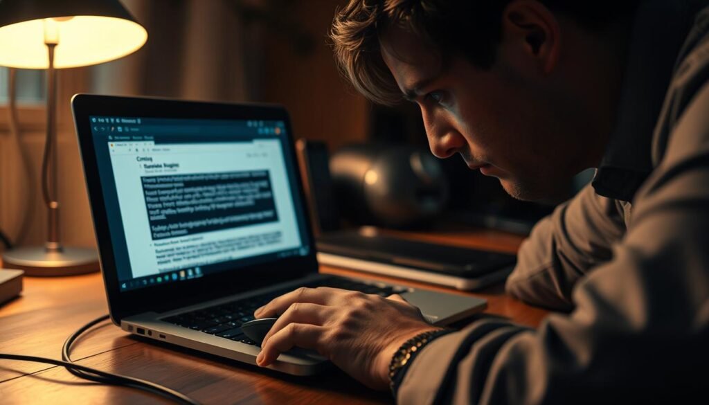 A cozy home office setup, dimly lit by a warm desk lamp. On the wooden desk, a laptop displays a suspicious-looking email, its sender's name obscured. A well-manicured hand hovers over the mouse, hesitating as the person leans in, carefully inspecting the message. The scene conveys a sense of unease and cautious scrutiny, hinting at the dangers of social engineering attacks in the digital age. The lighting casts dramatic shadows, emphasizing the thoughtful, analytical expression on the subject's face as they navigate this delicate situation.
