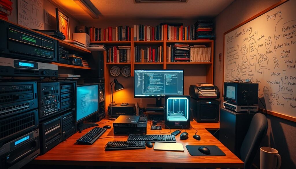 A cozy, well-equipped home lab, illuminated by warm, task-focused lighting. In the foreground, an array of networking equipment, servers, and workstations, neatly arranged on a sturdy, wooden desk. In the middle ground, a large monitor displays complex schematics and coding interfaces, while a 3D printer hums quietly in the corner. The background features bookshelves filled with technical manuals and references, and a large whiteboard covered in scribbled notes and diagrams, reflecting the owner's dedication to continuous learning and exploration. The overall atmosphere is one of focus, productivity, and a sense of endless possibilities in the realm of technology and cybersecurity.