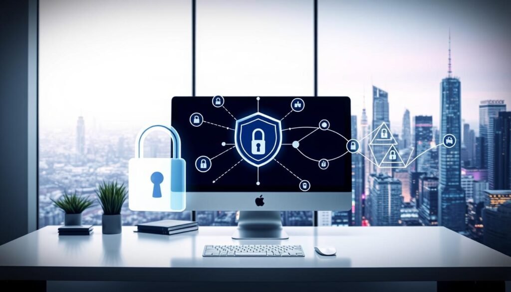 A crisp, clean office environment with a desktop computer, sleek monitor, and a variety of cybersecurity icons floating around it. In the foreground, a sophisticated lock icon and a shield symbol denote robust endpoint protection. The middle ground features a network diagram with secure connections and data flow. In the background, a cityscape with skyscrapers and a vibrant, futuristic atmosphere creates a sense of modern, urban technology. The lighting is soft and diffused, creating a professional, high-tech ambiance. The overall scene conveys the core components of a comprehensive endpoint security solution.