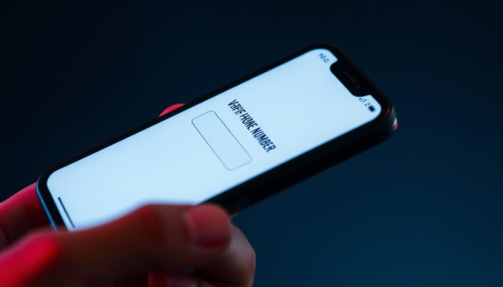 A crisp, close-up view of a smartphone screen displaying a "Verify Phone Number" prompt. The screen is sharply focused, with a clean, minimalist interface and a prominent, bold request for the user to confirm their phone number. The lighting is soft and diffused, creating a sense of clarity and authenticity. The smartphone is held at a slight angle, emphasizing the interactive nature of the verification process. The background is blurred, keeping the focus solely on the critical task at hand, with a subtle gradient providing a subtle, professional atmosphere.