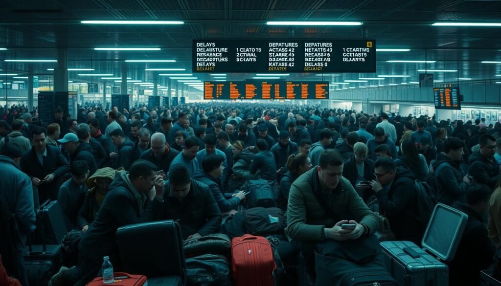 A crowded airport terminal, bustling with frustrated passengers amid delayed flights. The scene is illuminated by harsh fluorescent lighting, casting sharp shadows across weary faces. In the foreground, a group of travelers sits on their luggage, checking their phones for updates, their expressions a mix of impatience and resignation. The middle ground is filled with a sea of people, some pacing anxiously, others standing in long queues at the check-in counters. In the background, the departures board flashes with a series of delays, compounding the sense of chaos and uncertainty. The overall atmosphere conveys the tension and disruption caused by a widespread systems failure, leaving passengers stranded and the airport in a state of disarray. A crowded airport terminal, bustling with frustrated passengers amid delayed flights. The scene is illuminated by harsh fluorescent lighting, casting sharp shadows across weary faces. In the foreground, a group of travelers sits on their luggage, checking their phones for updates, their expressions a mix of impatience and resignation. The middle ground is filled with a sea of people, some pacing anxiously, others standing in long queues at the check-in counters. In the background, the departures board flashes with a series of delays, compounding the sense of chaos and uncertainty. The overall atmosphere conveys the tension and disruption caused by a widespread systems failure, leaving passengers stranded and the airport in a state of disarray.