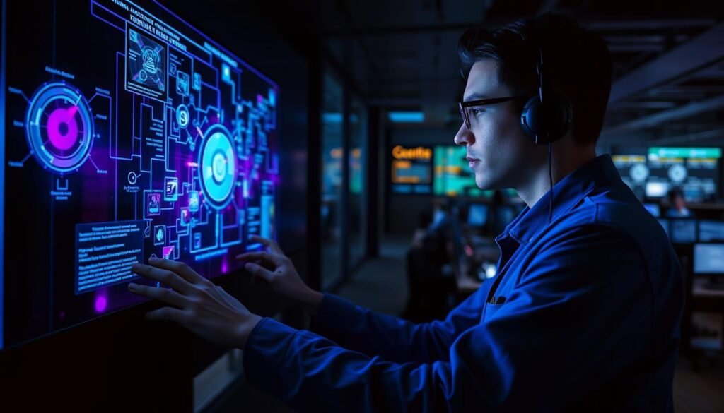 A cybersecurity analyst, clad in a blue uniform, intently examines a large holographic display, navigating through intricate network data visualizations. The room is dimly lit, casting a somber, focused atmosphere. Intense blue and purple hues emanate from the screens, illuminating the analyst's face as they meticulously search for signs of a potential cyber threat. In the background, a sleek, high-tech command center is visible, with banks of monitors and workstations, creating a sense of a well-equipped blue team operation. The scene conveys the seriousness and vigilance required in the process of threat hunting, a critical component of defensive cybersecurity.