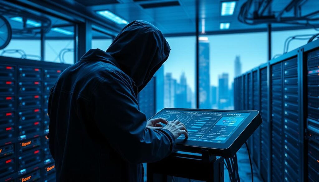A cybersecurity engineer, clad in a navy blue jumpsuit, stands before a sprawling network of servers and routers. Their hands hover over a sleek touchscreen console, expertly navigating the intricate web of digital defenses. The laboratory-like workspace is bathed in a cool, azure glow, reflecting the engineer's intense focus. Surrounding the scene, the faint outline of a towering skyscraper can be seen through large panoramic windows, symbolizing the high-stakes world of cyber protection. The composition is framed by dramatic, high-contrast lighting, creating a sense of power and authority in the role of the security engineer.