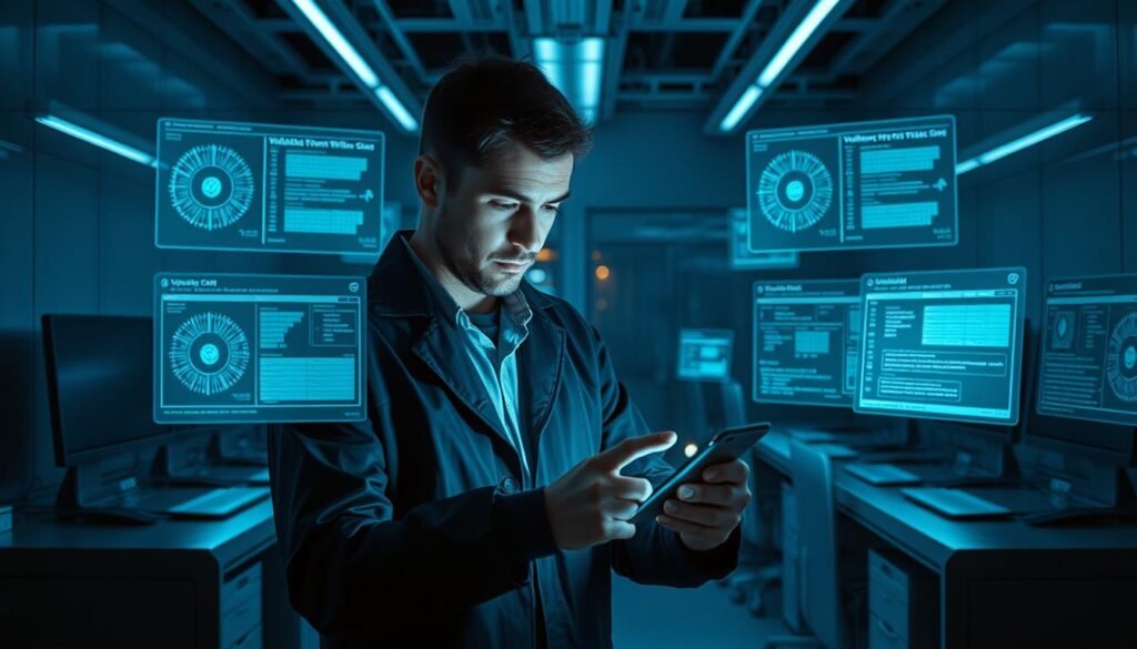 A cybersecurity expert examines a mobile device, surrounded by holographic displays depicting AI-powered vulnerability scans and penetration test results. The scene is set in a dimly lit, high-tech laboratory, with a cool, futuristic atmosphere. Sleek, minimalist workstations and advanced monitoring equipment line the walls, casting a soft, blue-tinted glow. The focal point is the expert, intently analyzing the device's data, their face illuminated by the holographic projections, conveying a sense of profound focus and determination to uncover potential threats.