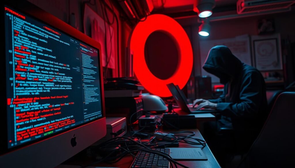 A cybersecurity forensic scene depicting a data breach at Target. In the foreground, a computer monitor displays intrusion logs and malware code, its screen casting an eerie glow. In the middle ground, network cables snake across a cluttered desk, hinting at the unauthorized access. The background features a shadowy figure hunched over a laptop, hands rapidly typing - the perpetrator of this digital heist. The scene is illuminated by the cool, harsh lighting of a security camera, creating a tense, high-stakes atmosphere. The overall composition conveys the technical complexity and high-stakes nature of this targeted cyberattack.