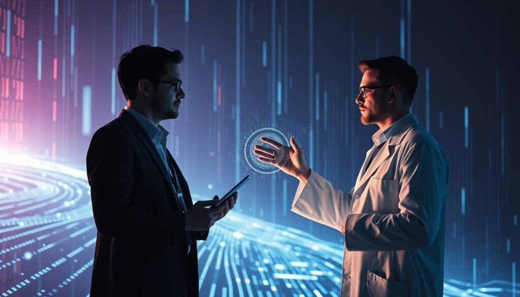 A cybersecurity professional and an AI engineer stand face-to-face, their silhouettes backlit by a glowing digital landscape. The cybersecurity expert, clad in a sleek black suit, holds a security badge and a tablet, while the AI engineer, in a crisp white lab coat, gestures animatedly, their hands illuminated by a holographic display. In the background, a matrix of data streams flows, intertwining the realms of cybersecurity and artificial intelligence. The scene is bathed in a cool, electric glow, hinting at the dynamic interplay between these two complementary fields. The composition conveys a sense of tension and collaboration, reflecting the evolving relationship between cybersecurity and AI in the modern technology landscape.