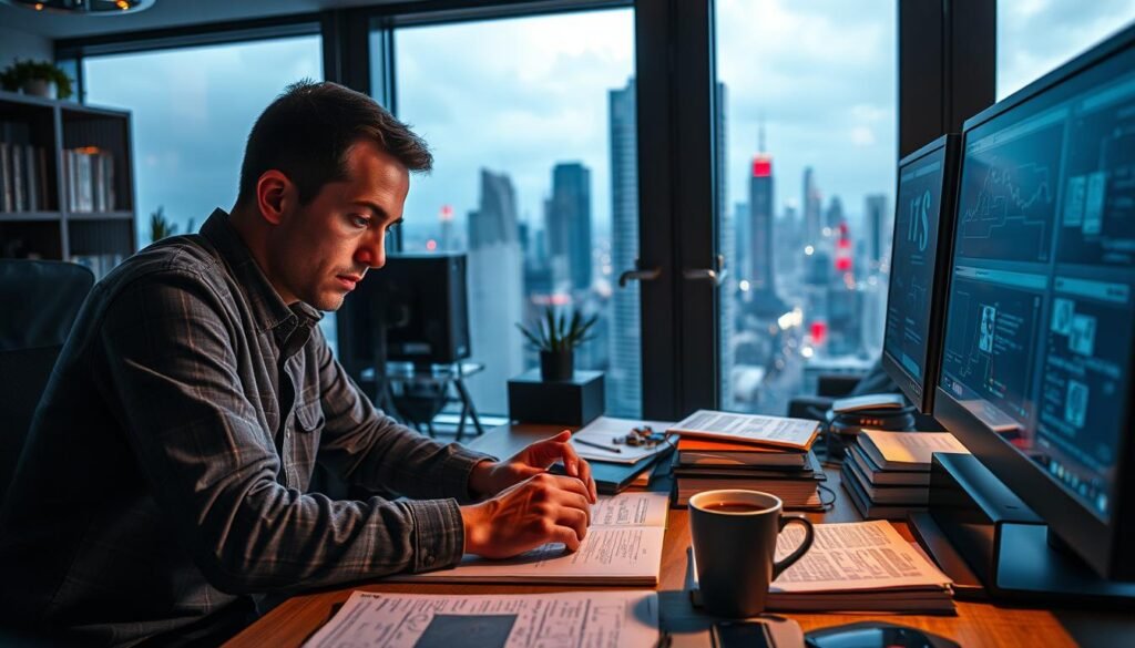 A cybersecurity professional engrossed in a holistic landscape of continuous learning. The foreground depicts them intently studying digital schematics and vulnerability reports on a sleek, high-resolution monitor, their face illuminated by the screen's soft glow. The middle ground features a collection of reference books, secure hardware devices, and a cup of strong coffee, conveying a dedicated workspace. In the background, a large window overlooks a bustling cityscape, symbolizing the ever-evolving nature of the cybersecurity field and the need to stay ahead of emerging threats. The scene is captured with a cinematic, low-angle perspective using a wide-angle lens, creating a sense of focus and determination.