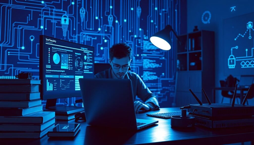 A cybersecurity professional working remotely from a home office, surrounded by various digital security tools and devices. The scene is bathed in a cool, blue-toned lighting, creating a sense of technological sophistication. In the foreground, a sleek laptop and a high-resolution monitor display complex data visualizations and security dashboards. Alongside them, a stack of reference books, a tablet, and a network router hint at the depth of knowledge required for this role. In the middle ground, the cybersecurity expert is intently focused, their hands hovering over the keyboard, conveying a sense of vigilance and technical mastery. The background features a stylized rendering of a digital landscape, with lines of code, network topologies, and abstract cybersecurity symbols, reinforcing the remote and technologically advanced nature of the work.