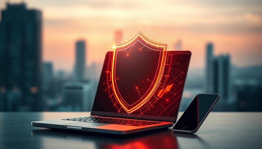 A cybersecurity-themed scene depicting a digital shield enveloping a laptop and mobile device, symbolizing protection against online threats. The shield is rendered in a sleek, metallic finish, casting a warm glow across the devices. The background features a soft, blurred cityscape, suggesting a modern, urban setting. The overall composition conveys a sense of security and technological sophistication, underscoring the importance of safeguarding one's digital devices and online presence.