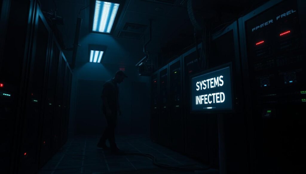 A dark and eerie server room, the air thick with tension. In the foreground, a glowing computer monitor displays a ominous warning - "SYSTEMS INFECTED". Shadows loom in the background, hinting at the unseen threat that has infiltrated the network. Dim overhead lighting casts an ominous glow, the flickering of LED indicators adding to the sense of dread. The room is cluttered with server racks, cables snaking across the floor, conveying the chaos of a crisis unfolding. This is the scene of a ransomware attack, requiring urgent action to contain the spread and recover crucial data. A dark and eerie server room, the air thick with tension. In the foreground, a glowing computer monitor displays a ominous warning - "SYSTEMS INFECTED". Shadows loom in the background, hinting at the unseen threat that has infiltrated the network. Dim overhead lighting casts an ominous glow, the flickering of LED indicators adding to the sense of dread. The room is cluttered with server racks, cables snaking across the floor, conveying the chaos of a crisis unfolding. This is the scene of a ransomware attack, requiring urgent action to contain the spread and recover crucial data.