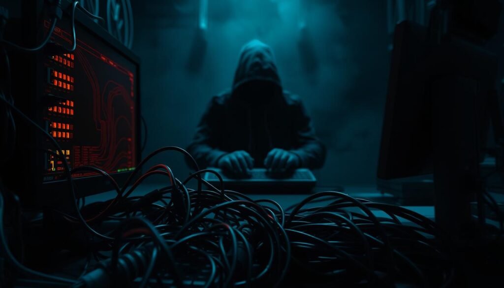 A dark and foreboding scene, illuminated by the eerie glow of a computer monitor. In the foreground, a tangled web of cables and exposed ports, representing the vulnerabilities in a poorly configured security system. The middle ground features a shadowy figure, hands poised over a keyboard, symbolizing the malicious actor seeking to exploit these weaknesses. The background is shrouded in a haze of uncertainty, suggesting the far-reaching consequences of such security misconfigurations. The image conveys a sense of unease and the urgent need to address these vulnerabilities before they are exploited.