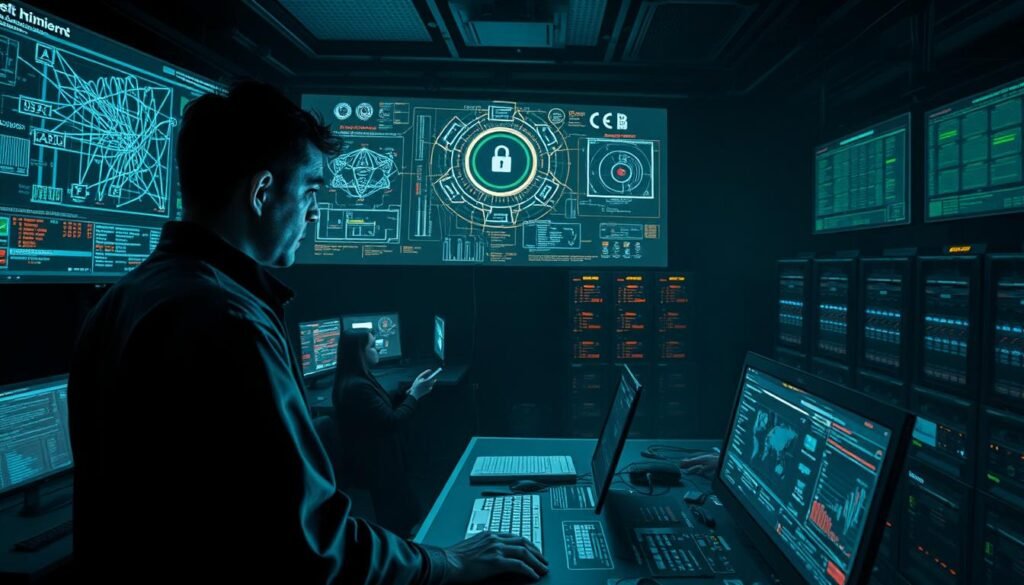 A dark and gloomy cybersecurity command center, dimly lit by the glow of multiple monitors displaying complex network diagrams, threat indicators, and real-time threat intelligence feeds. In the foreground, a security analyst intently examines a large holographic display, carefully analyzing anomalous activity and potential compromise indicators, including suspicious login attempts, unusual data exfiltration patterns, and indicators of malware infections. The middle ground features a team of cybersecurity professionals collaborating, sharing insights, and coordinating incident response efforts. In the background, an array of servers and security appliances hum with activity, providing the backbone for the organization's comprehensive defense-in-depth strategy.