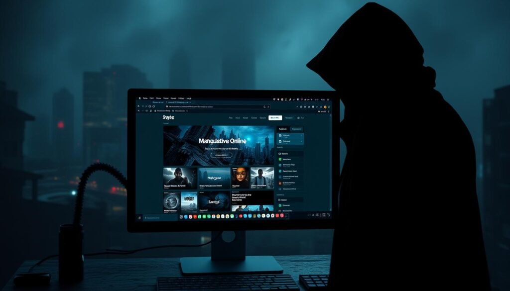 A dark and gritty scene depicting malicious online advertising. In the foreground, a shady figure lurks, casting a sinister shadow over a computer screen displaying a manipulative ad banner. The middle ground reveals a cluttered, disorganized browser interface, hinting at the deceptive nature of the advertisement. In the background, a hazy, ominous cityscape sets the tone of the digital underworld. Dramatic lighting emphasizes the contrast between light and shadow, creating a sense of unease and the lurking danger of malvertising. The composition and attention to detail evoke a sense of realism, allowing the viewer to viscerally experience the perils of unsuspecting online ad encounters.