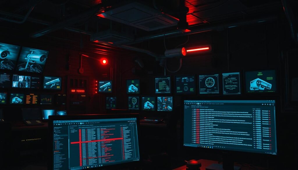 A dark and gritty security control room, filled with an array of digital displays and monitoring equipment. In the foreground, a computer screen shows browser activity logs, with suspicious connections and irregular behavior patterns highlighted. The lighting is harsh and industrial, casting dramatic shadows across the scene. In the background, a series of security cameras feed live video streams, offering a 360-degree view of the environment. The overall atmosphere conveys a sense of vigilance and the urgent need to detect and respond to potential security breaches.