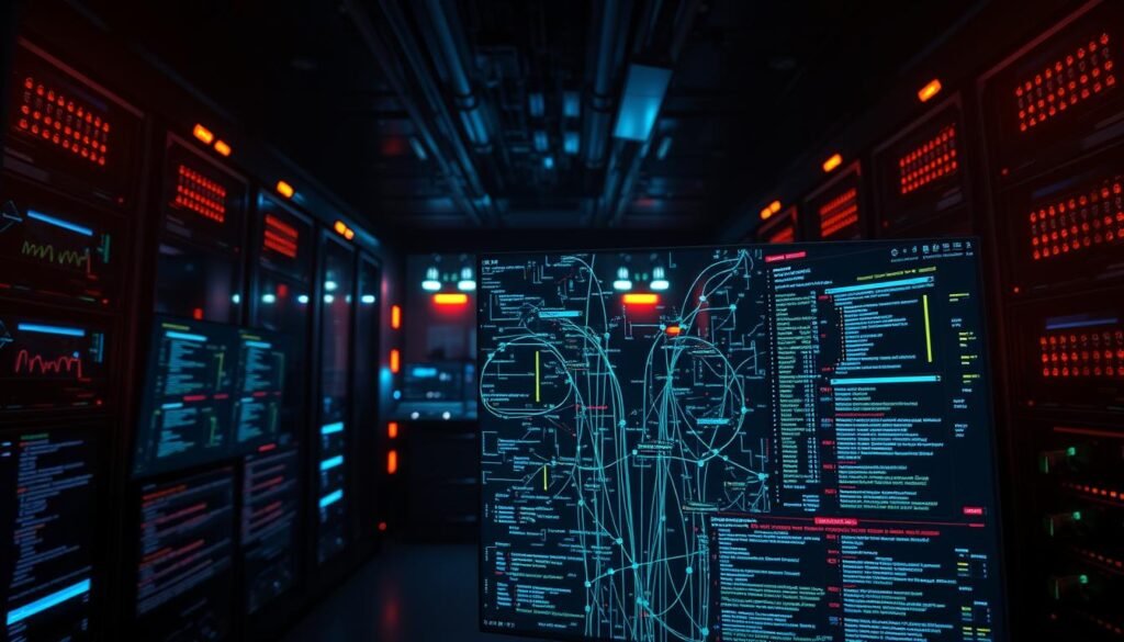 A dark and moody scene of a network capture interface for malware analysis. In the foreground, a high-resolution display shows a complex web of network traffic data, with packets, connections, and anomalies highlighted in vivid colors. The middle ground features various analytical tools and dashboards, conveying a sense of technical expertise and deep investigation. In the background, a dimly lit room with glowing server racks and blinking indicator lights sets an ominous, hacker-esque atmosphere. The lighting is dramatic, with a mixture of cool blues and warm ambers creating a cinematic mood. The camera angle is slightly elevated, giving the viewer a sense of power and control over the analyzed network.
