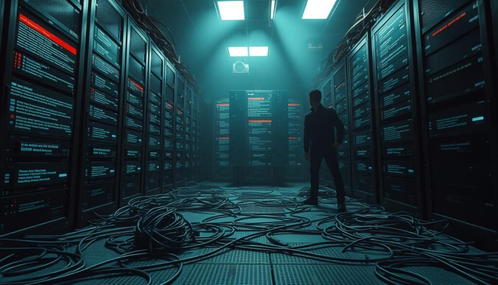 A dark and ominous data center, servers flickering with error messages. Cables snake across the floor, tangled and exposed. Holographic screens flicker, displaying sensitive information, passwords, and classified data. Shadows loom, hinting at the presence of unseen figures. A sense of unease and vulnerability pervades the scene, as if the very foundations of security have been breached. The lighting is harsh, creating deep shadows and highlights that accentuate the chaotic and unsettling atmosphere. The camera angles are tilted and distorted, further emphasizing the sense of disorientation and loss of control. A dark and ominous data center, servers flickering with error messages. Cables snake across the floor, tangled and exposed. Holographic screens flicker, displaying sensitive information, passwords, and classified data. Shadows loom, hinting at the presence of unseen figures. A sense of unease and vulnerability pervades the scene, as if the very foundations of security have been breached. The lighting is harsh, creating deep shadows and highlights that accentuate the chaotic and unsettling atmosphere. The camera angles are tilted and distorted, further emphasizing the sense of disorientation and loss of control.