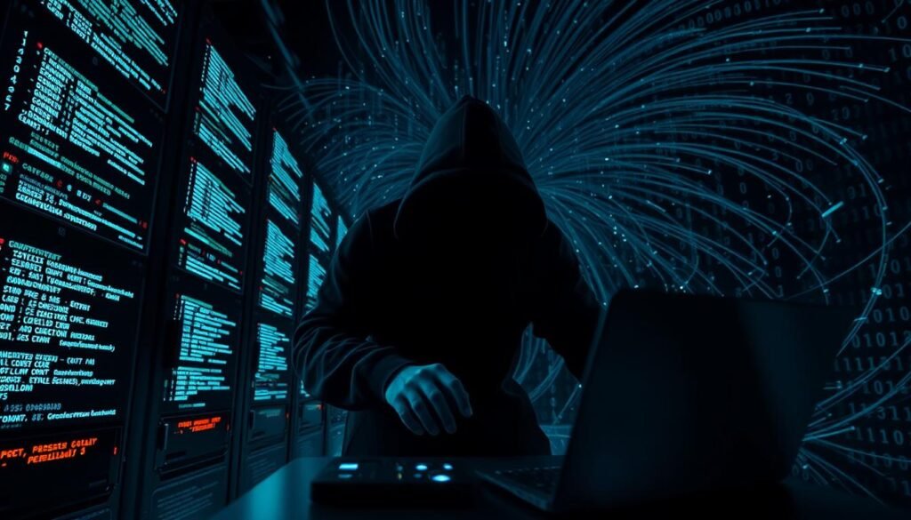 A dark and ominous database server looms in the foreground, its screens flickering with lines of code and SQL commands. In the middle ground, a shadowy figure types furiously, their hands a blur as they infiltrate the system, exploiting vulnerabilities. The background is a swirling vortex of binary data, streams of numbers and symbols cascading across the scene, creating a sense of chaotic energy. The lighting is dramatic, casting deep shadows and highlighting the intensity of the moment. The camera angle is low and slightly tilted, adding to the sense of tension and danger. The overall mood is one of high-stakes cyber warfare, where the fate of sensitive data hangs in the balance. A dark and ominous database server looms in the foreground, its screens flickering with lines of code and SQL commands. In the middle ground, a shadowy figure types furiously, their hands a blur as they infiltrate the system, exploiting vulnerabilities. The background is a swirling vortex of binary data, streams of numbers and symbols cascading across the scene, creating a sense of chaotic energy. The lighting is dramatic, casting deep shadows and highlighting the intensity of the moment. The camera angle is low and slightly tilted, adding to the sense of tension and danger. The overall mood is one of high-stakes cyber warfare, where the fate of sensitive data hangs in the balance.