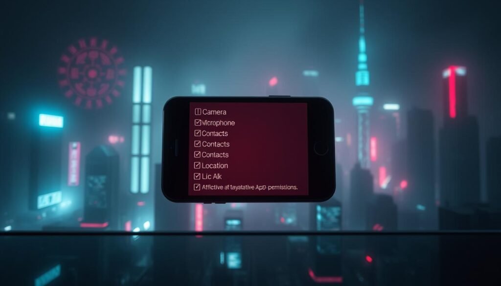 A dark and ominous digital landscape, with a grid of dangerous app permissions looming in the foreground. In the middle ground, a mobile device screen hovers, displaying a list of invasive permissions such as camera, microphone, contacts, and location. The background is a hazy, futuristic cityscape, bathed in an eerie, neon-tinged glow, reflecting the sense of unease and the potential for misuse of sensitive data. The lighting is dramatic, with deep shadows and highlights that convey a sense of foreboding. The overall atmosphere is one of technological unease and the need for heightened user awareness when granting permissions to mobile applications.