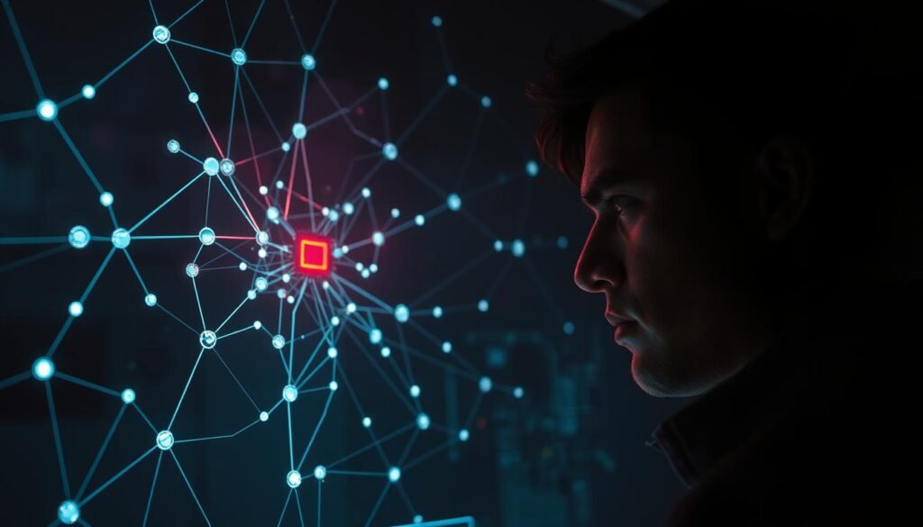 A dark and ominous network diagram illuminates the scene, with nodes and connections pulsing with an eerie glow. In the foreground, a security analyst scrutinizes the display, their face cast in a tense, focused expression as they track the lateral movement of a malicious agent across the network. The background is shrouded in a moody, atmospheric haze, emphasizing the gravity and urgency of the threat. Crisp, high-contrast lighting highlights the intricate web of connections, conveying the complex and dynamic nature of network-based attacks. The overall mood is one of heightened vigilance and the race against time to detect and mitigate the escalating breach. A dark and ominous network diagram illuminates the scene, with nodes and connections pulsing with an eerie glow. In the foreground, a security analyst scrutinizes the display, their face cast in a tense, focused expression as they track the lateral movement of a malicious agent across the network. The background is shrouded in a moody, atmospheric haze, emphasizing the gravity and urgency of the threat. Crisp, high-contrast lighting highlights the intricate web of connections, conveying the complex and dynamic nature of network-based attacks. The overall mood is one of heightened vigilance and the race against time to detect and mitigate the escalating breach.