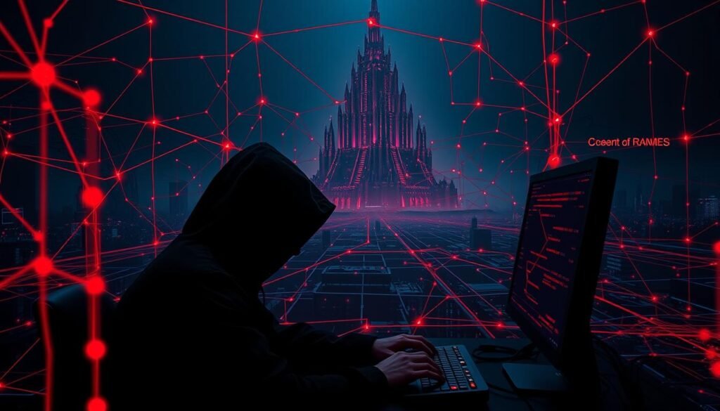 A dark and ominous network of red lines and nodes, representing the intricate web of red team techniques used to infiltrate web applications. In the foreground, a lone hacker, clad in a hooded cloak, peers intently at a computer screen, their fingers dancing across the keyboard. The middle ground is a maze of virtual pathways, with hidden vulnerabilities and access points. In the background, a towering digital fortress, its defenses being systematically probed and breached. Dramatic lighting casts long shadows, adding to the sense of tension and unease. The scene is captured through a high-contrast, moody lens, conveying the secretive and high-stakes nature of red team web application hacking.